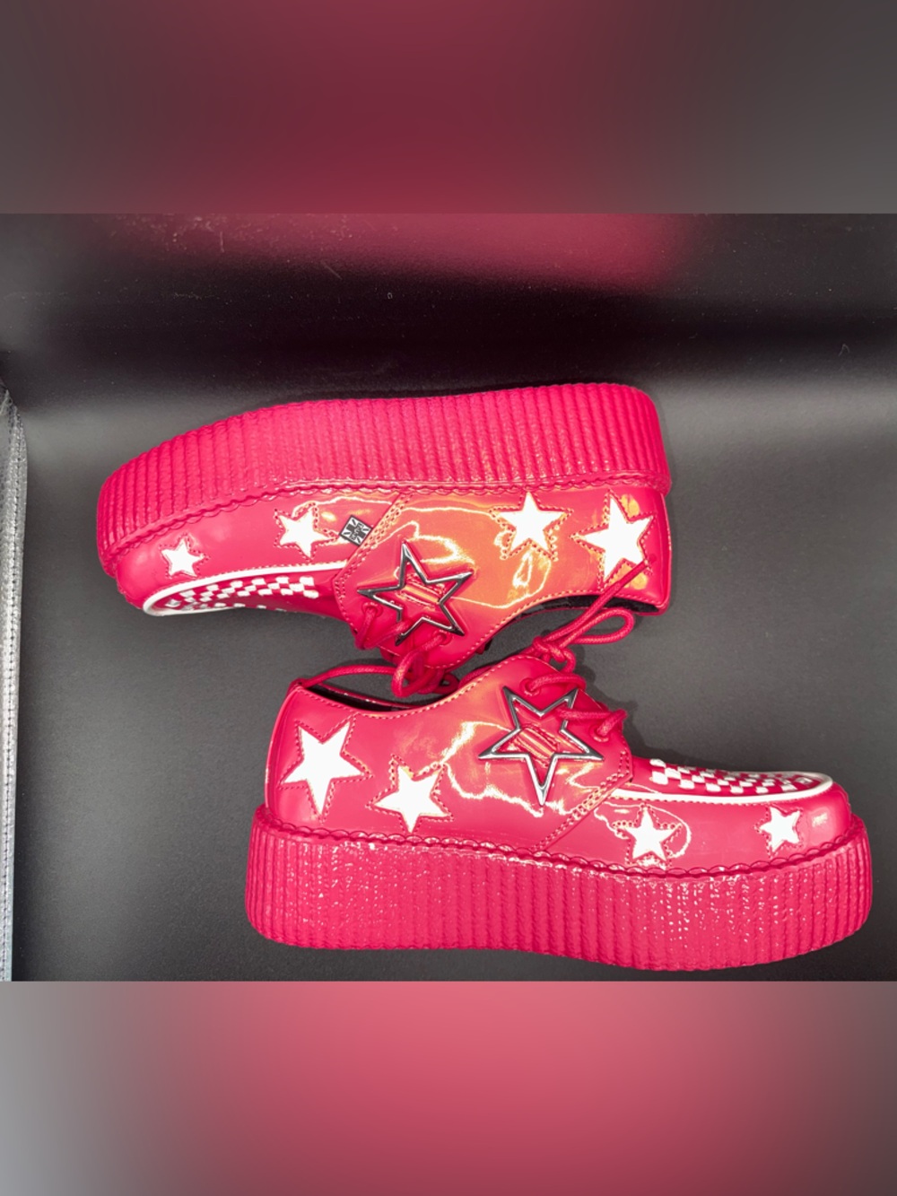 SOLD. T.U.K. Hot Pink Creepers Size 7 Patent Leather Platform - Picture 16 of 17